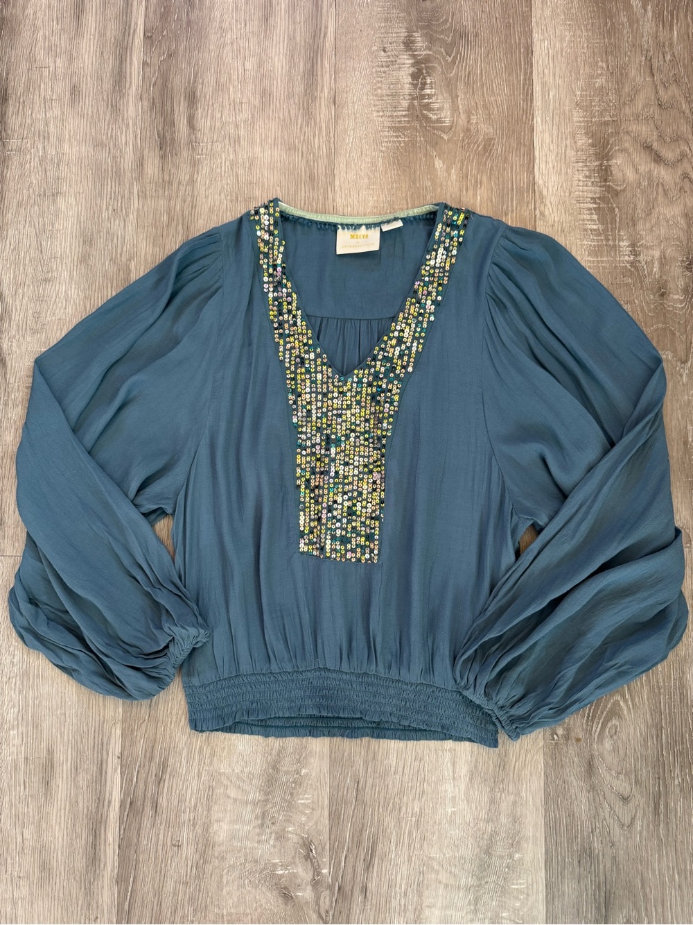 Maeve Anthropologie Women's Blue Sequin V-Neck Kristie Peasant Blouse Size XS